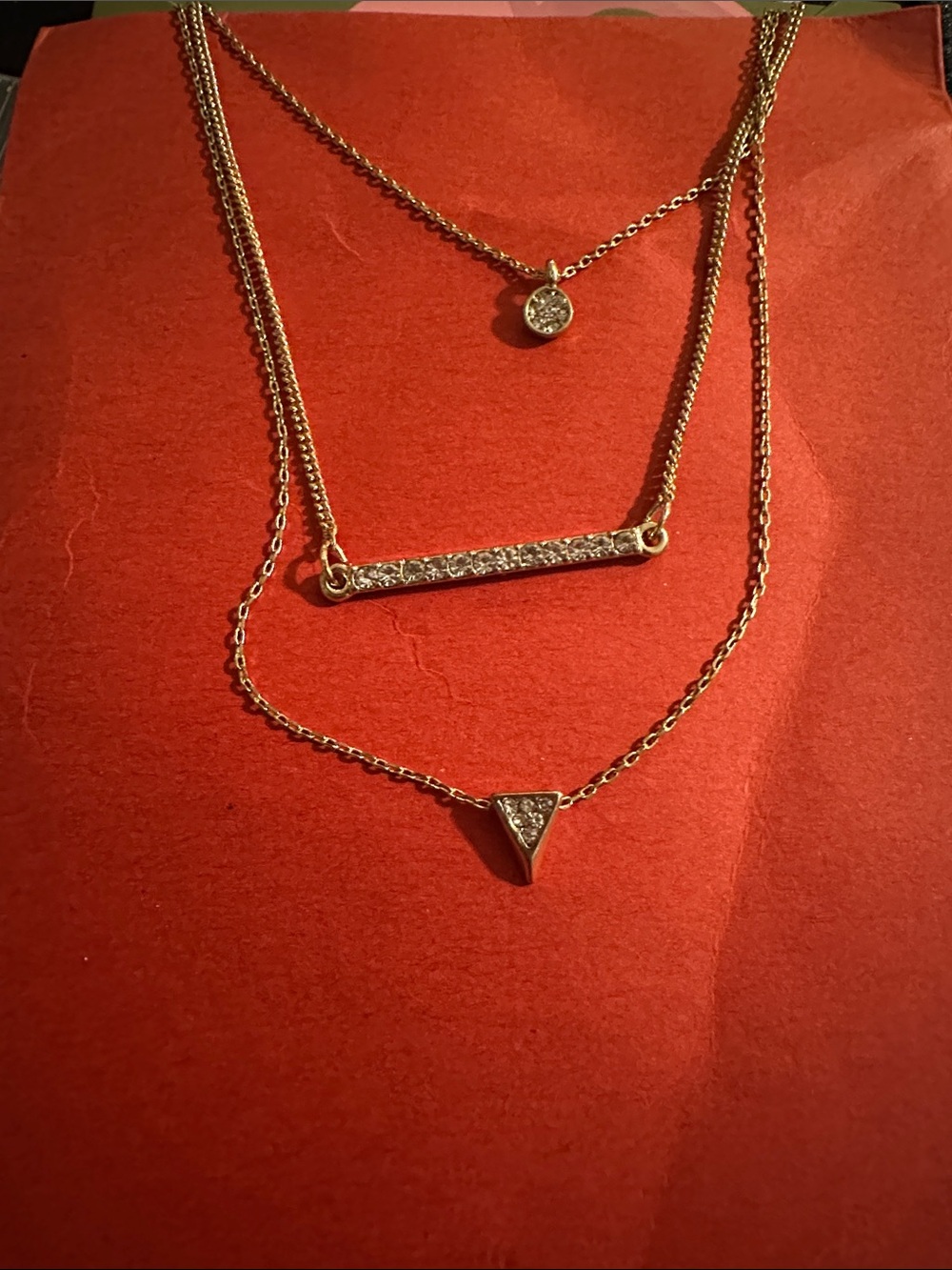 Gold Layered Triangle & Bar Pendant Necklace with Crystal Accents
#111